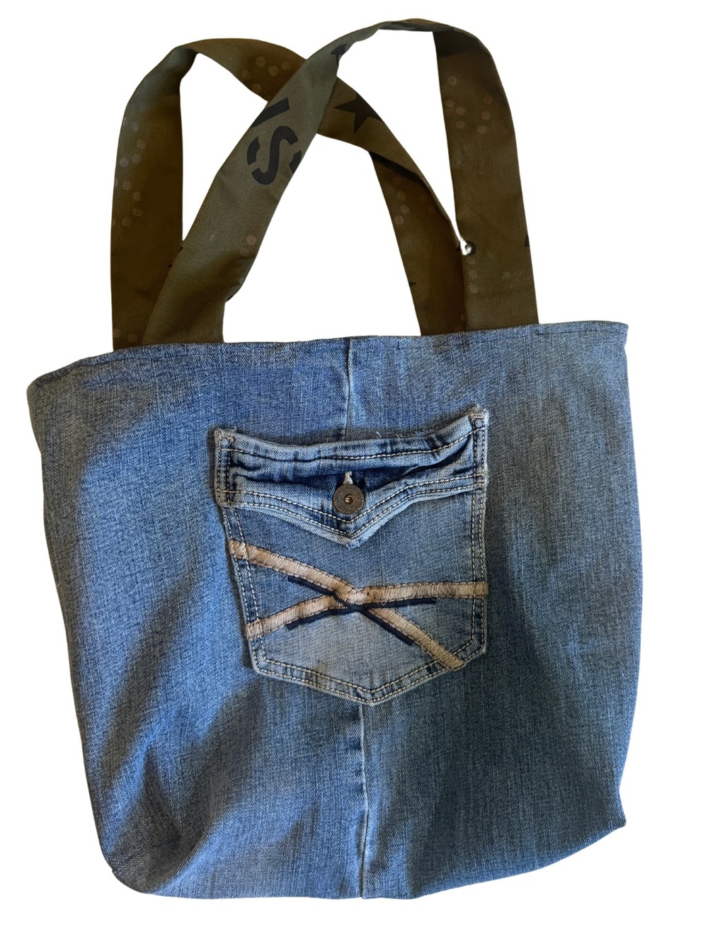 Y2K Upcycled Denim Tote Bag Reworked Jean Purse Military Star Print Handmade